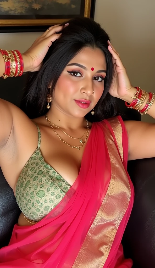 BBW, Indian mature woman wearing sleevless backless blouse and Saree ,both hands on head showing dark hairy armpits bangles in both hand and henna mehndi in both hands , earings, nose ring, lipstick, BIMBO curvy woman showing her Big cleavage, veil saree, seating on the sofa, Desi real indian, STRAIGHT HAIR