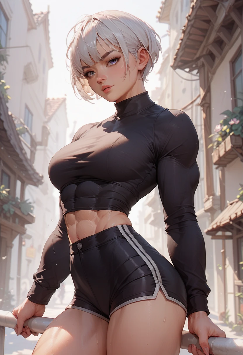 woman,  White hair,  short hair style with bangs ,  definite athletic physique,  wearing black button-down long sleeve shirt, wearing tight black linen shorts ,  anime art 