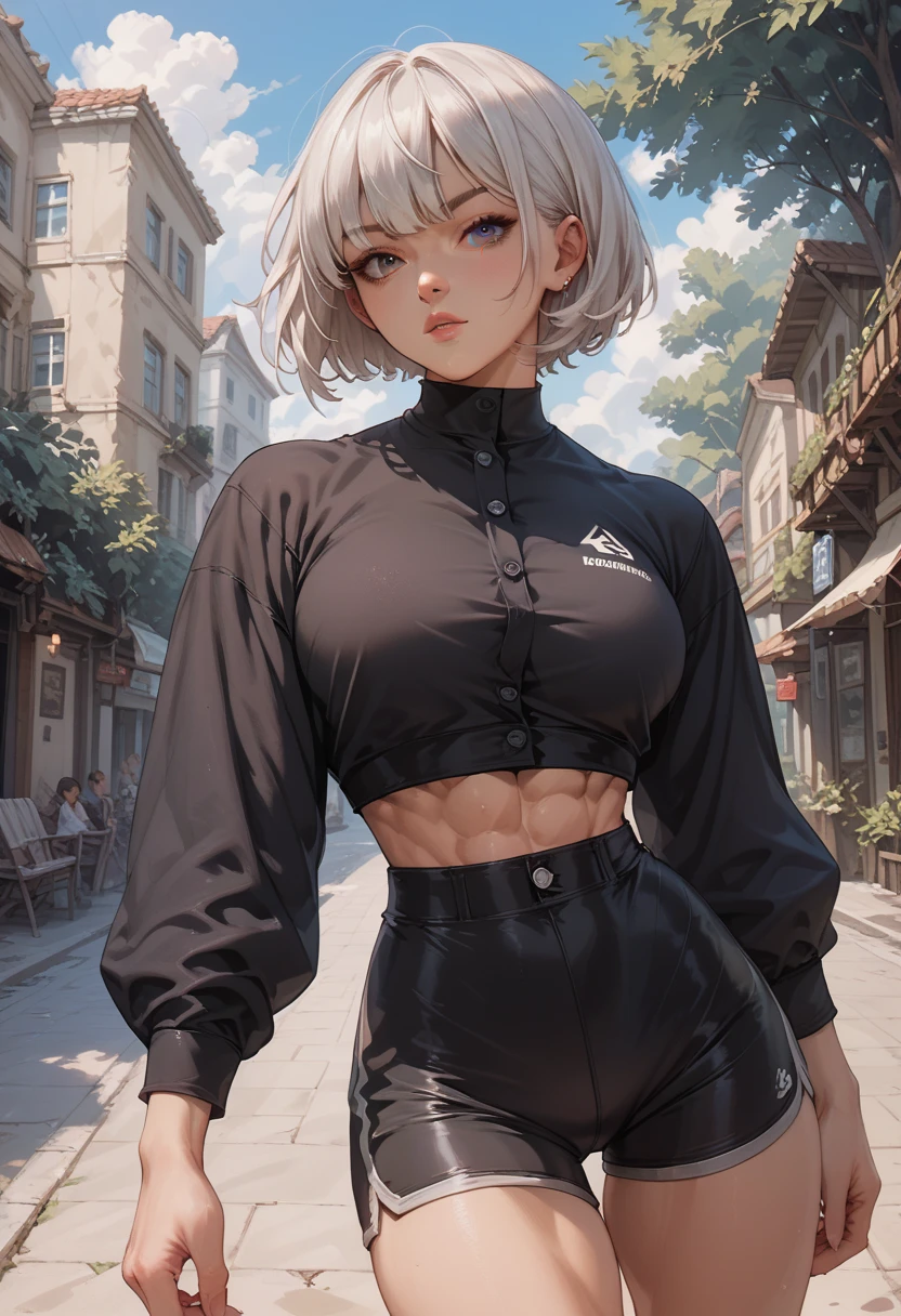 woman,  White hair,  short hair style with bangs ,  definite athletic physique,  wearing black button-down long sleeve shirt, wearing tight black linen shorts ,  anime art 