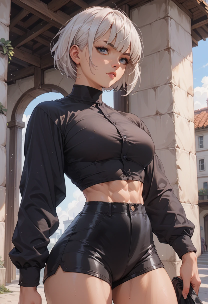 woman,  White hair,  short hair style with bangs ,  definite athletic physique,  wearing black button-down long sleeve shirt, wearing tight black linen shorts ,  anime art 