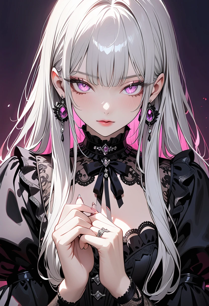 1 girl, ((Portrait of a beautiful girl in Lolita fashion: 1.4)), attractive face, elegant, gorgeous, (black gothic lolita dresses, choker, earrings, rings, jewelry), luxurious, detailed beautiful face, (shiny silver hair, long hair), glowing eyes, light reflecting in the eyes. (finely detailed beautiful eyes: 1.2), double eyelids, (eyelash: 1.2), (eye shadow: 1.2), cowboy shot, at a medieval european castle, ((very detailed, ultra-high resolution, absurdres, highres, masterpiece, best quality, very aesthetic, fine texture, newest, perfect lighting, best shadow, sharp focus, high color saturation)), (anatomically correct, perfect hands), (professional photography), ((anime art style)),