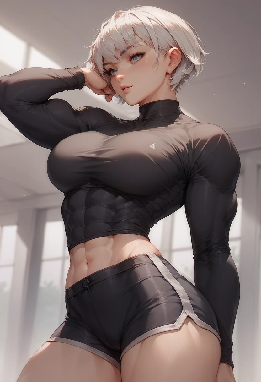 woman,  White hair, short hair style with bangs ,  definite athletic physique,  wearing black button-down long sleeve shirt, wearing tight black linen shorts ,  anime art 