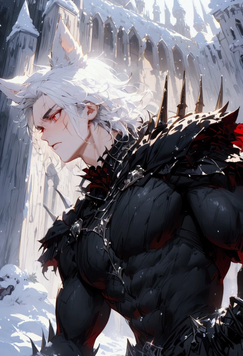 Alone,  High resolution ,  best quality ,  short hair,  black hair,  white hair,  Animal ears , wolf ears, red eyes,  A furrowed head, exposed canine/Exposed prey, irritated,  cheek scar , Lycan , muscular,  details with light medieval black armor  ,with silver details ,  against the background of a snow-covered white castle.