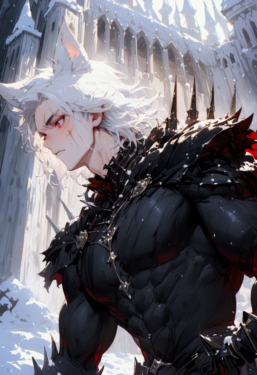 Alone,  High resolution ,  best quality ,  short hair,  black hair,  white hair,  Animal ears , wolf ears, red eyes,  A furrowed head, exposed canine/Exposed prey, irritated,  cheek scar , Lycan , muscular,  details with light medieval black armor  ,with silver details ,  against the background of a snow-covered white castle.