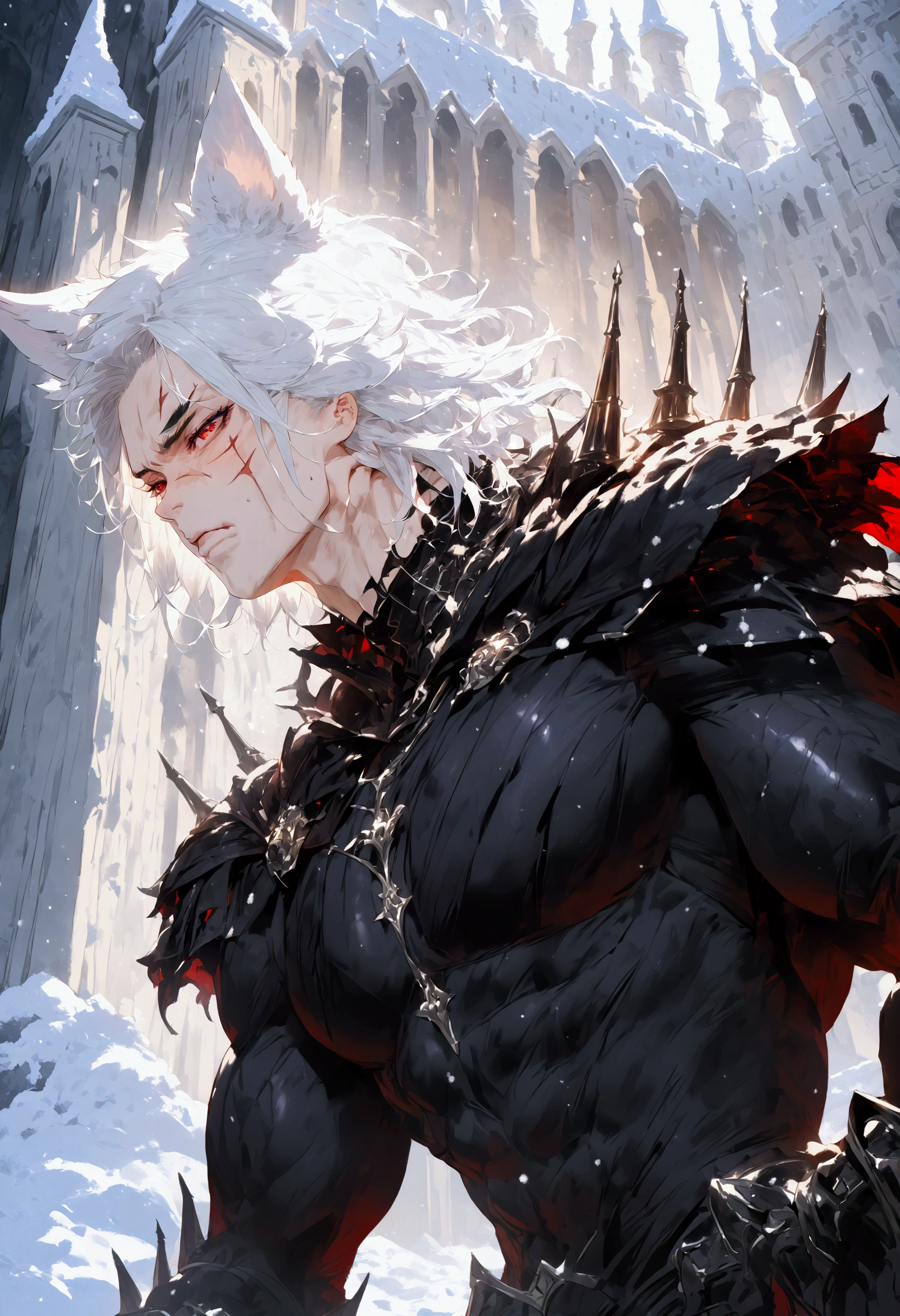 Alone,  High resolution ,  best quality ,  short hair,  black hair,  white hair,  Animal ears , wolf ears, red eyes,  A furrowed head, exposed canine/Exposed prey, irritated,  cheek scar , Lycan , muscular,  details with light medieval black armor  ,with silver details ,  against the background of a snow-covered white castle.