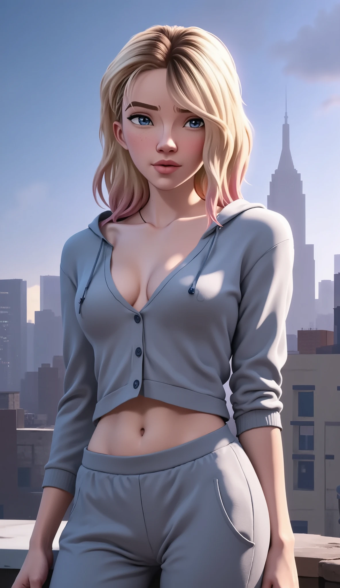 1girl,(best quality,4k,8k,highres,masterpiece:1.2),ultra-detailed,(realistic,photorealistic,photo-realistic:1.37),18 year old girl,beautiful detailed blue eyes,beautiful detailed lips,extremely detailed face and eyes, sweatpants, chunky cardigan, thick thighs,medium breasts,contempt expression,prideful smirk,looking directly at viewer,sensual pose, rooftop background