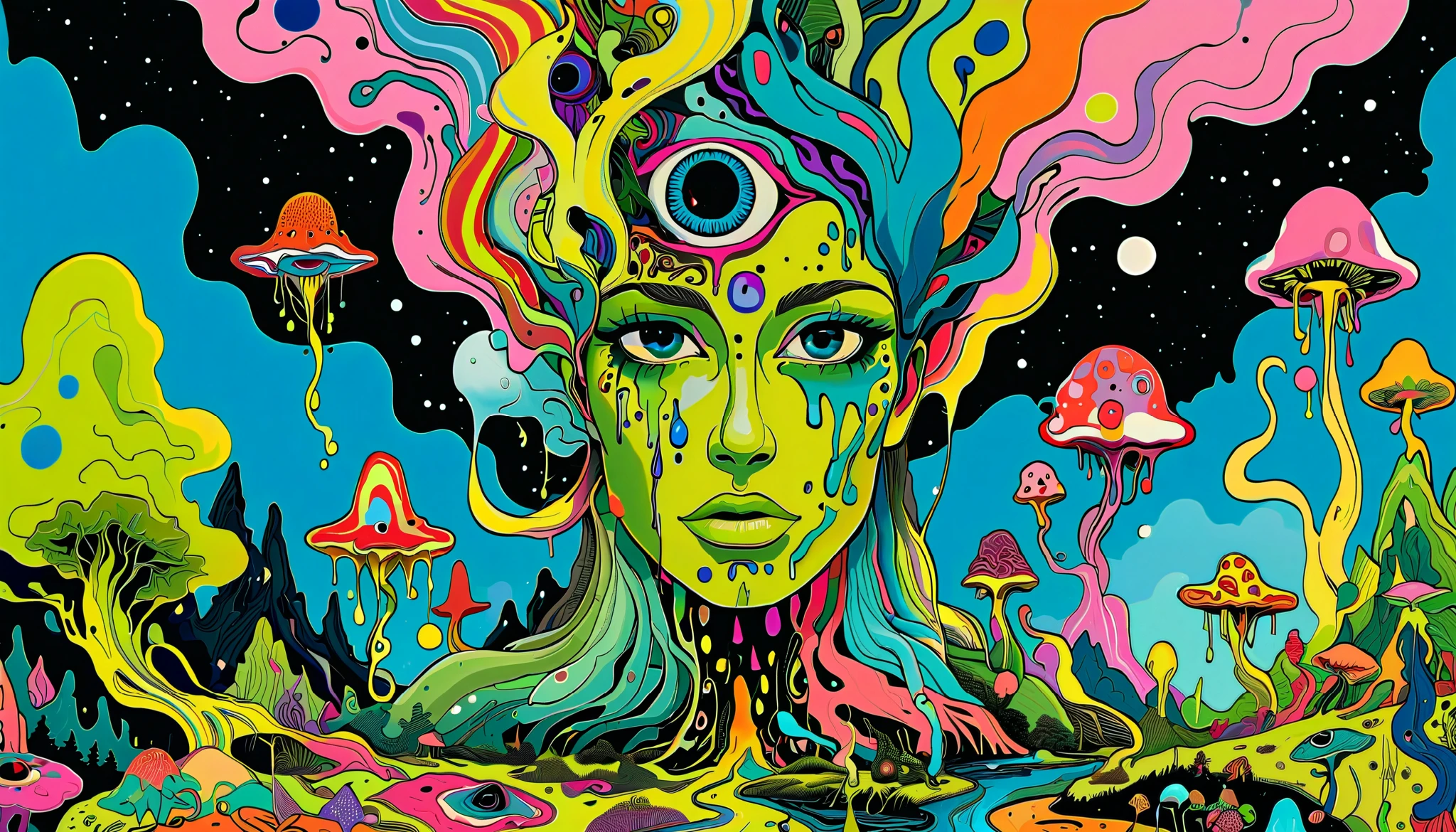Psychedelic Abstract Art , mysterious, melt, Bright colors , Michael Deforge (Michael Deforge ) Inspired by pop art , mumford, tumblr, psychedelic art, psychedelic illustration , psychedelic trip, psychedelic trip, retro psychedelic illustration , psychedelic art style, psychedelic style, Psychedelic Surrealist Design, LSD Trip, Psychedelic Feverish Dream , Psychedelic , Shaman horror LSD art , Psychedelic