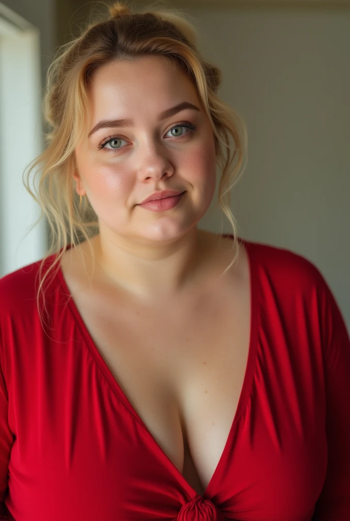 RAW photo, upper body of a chubby blonde woman wearing a red blouse (high detailed skin:1.2), hair in ponytail, cleavage, 8k uhd, dslr, soft lighting, high quality, film grain, Fujifilm XT3
