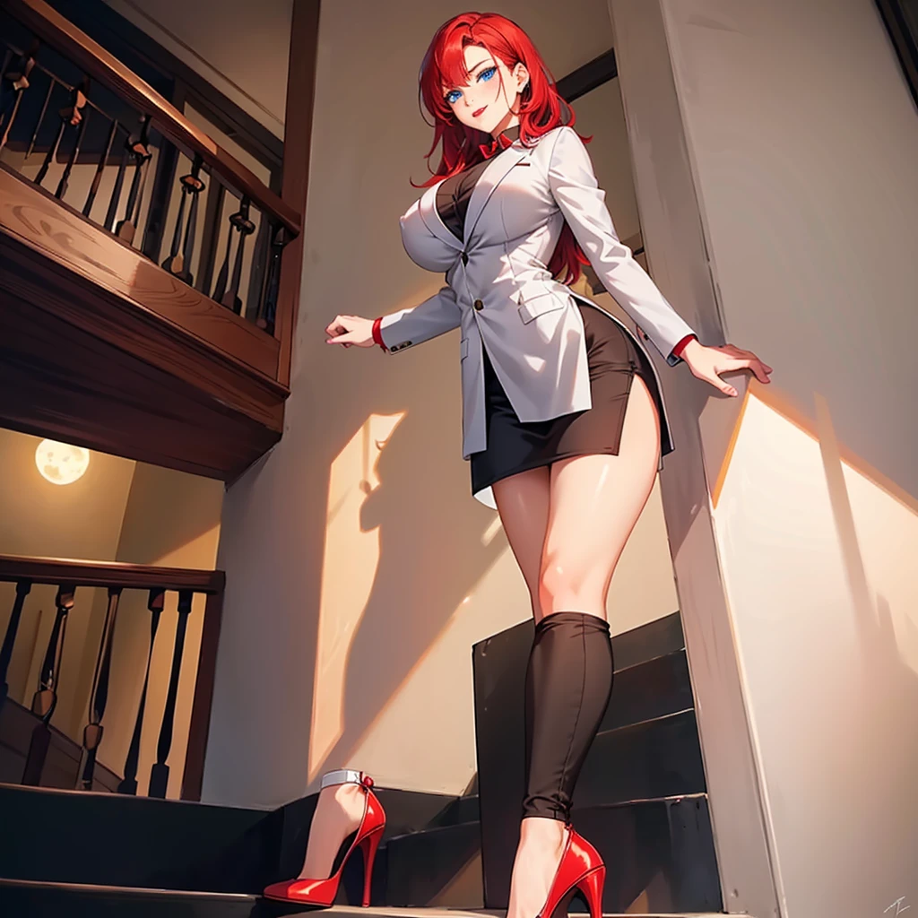1 girl, red-purple hair, very long hair, hair put up in a ponytail, magenta eyes, beautiful eyes, big eyes, big lips, glossy lips, very curvy body, big breasts, long legs, big butt, wide hips, thick thights, defined image, seductive gaze, sexy, suit and tie, whole body dressed in suit and tie, formal suit snd tir, elegant suit and tie complete
