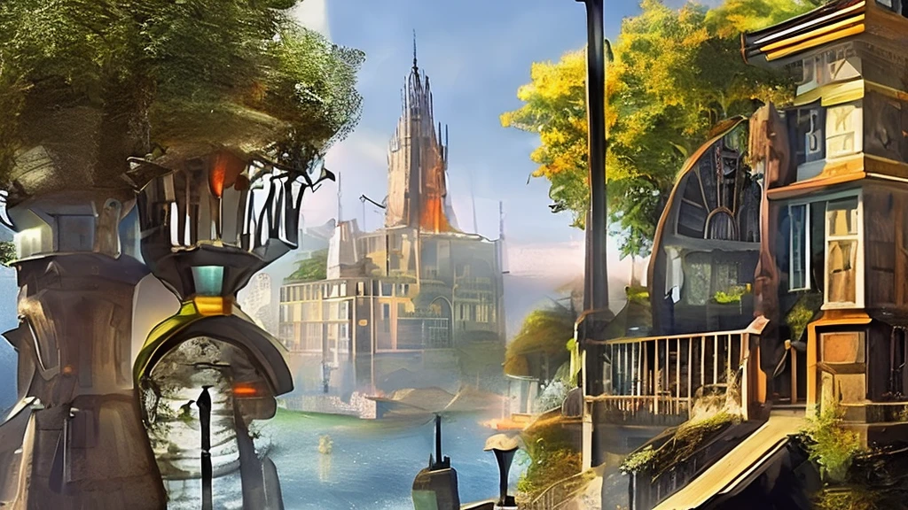 fantasy, sci-fi city, anime, central lake (houses around), building, streets, garden, trees, bridge, castle, landscape,