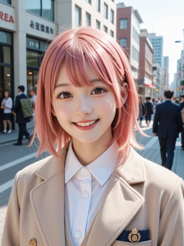 8k, real, realistic , Japanese, cute girl,Cute idol, high school girl, blazer,pea coat, and a surprised smile,Uniform Dating ,Natural, Straight Hair , bright pink hair color, red with inner color ,congestion,City.