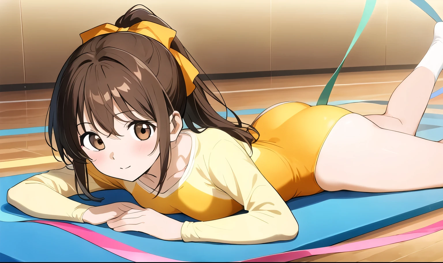 a cartoon girl lying on track with a long pink ribbon on her back, 1girl, leotard, brown hair, solo, brown eyes, athletic leotard, gymnastics, ponytail, long hair, looking at viewer, ass, wooden floor, blush, lying, bangs, on stomach, long sleeves, breasts