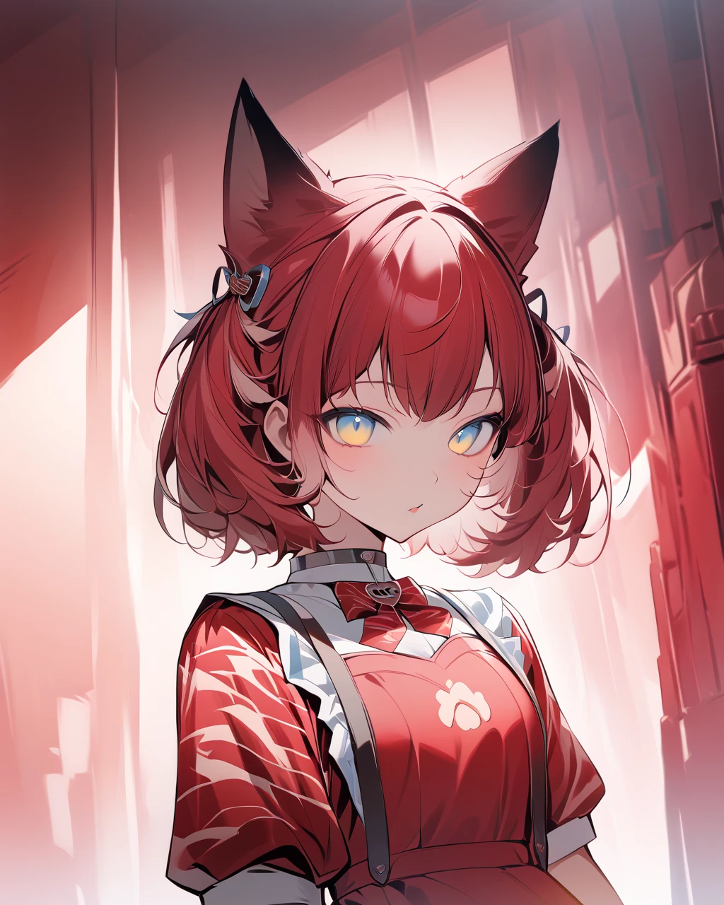 maSterPiece, top quality, 1 girl in uniform, Solo, cin_S, cin_Tail, red_ dress, uPPer_body, white_ shirt, SimPle_returnground,  watching _in_ viewer, Pinafore_ dress,  color, white_returnground, white_PuPilS, Animal ears_mode, arms_Behind_return, Puffy_short_sleeve , :P, animal__ fluffy, , red_ bow tie, closure_mouth