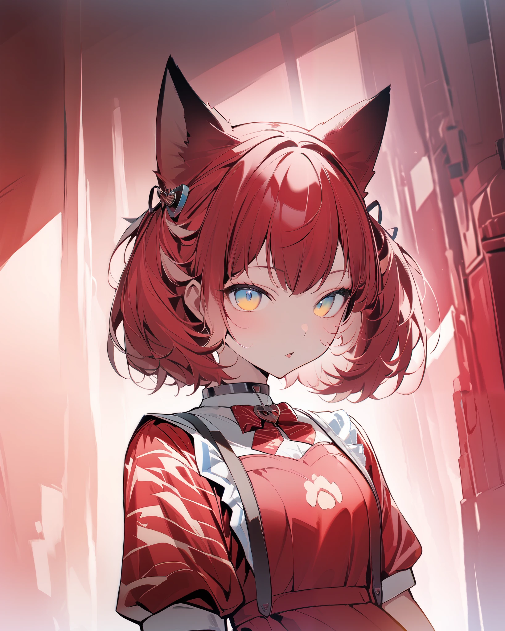 maSterPiece, top quality, 1 girl in uniform, Solo, cin_S, cin_Tail, red_ dress, uPPer_body, white_ shirt, SimPle_returnground,  watching _in_ viewer, Pinafore_ dress,  color, white_returnground, white_PuPilS, Animal ears_mode, arms_Behind_return, Puffy_short_sleeve , :P, animal__ fluffy, , red_ bow tie, closure_mouth