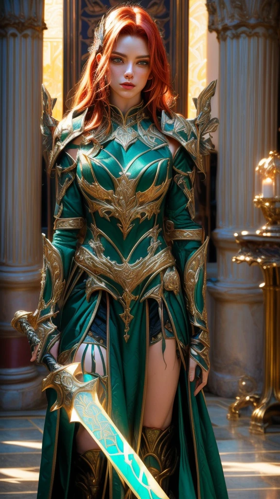 Cinematic, highly detailed, realistic, full-body portrait of a stunning red-haired female warrior in a dynamic, powerful stance. She wears intricate emerald plate armor adorned with glowing golden accents and ornate carvings. The vibrant green glowing sword she holds exudes an otherworldly light, casting soft reflections on the polished castle hall floors. The setting is a grand fantasy castle hall with towering pillars, elaborate carvings, and soft ambient lighting highlighting the regal atmosphere. Her fiery red hair flows naturally, catching the light, while her commanding pose exudes strength and grace. UHD, ultra-detailed, masterpiece quality with perfect anatomy and a slight upward angle to emphasize her imposing and heroic presence.