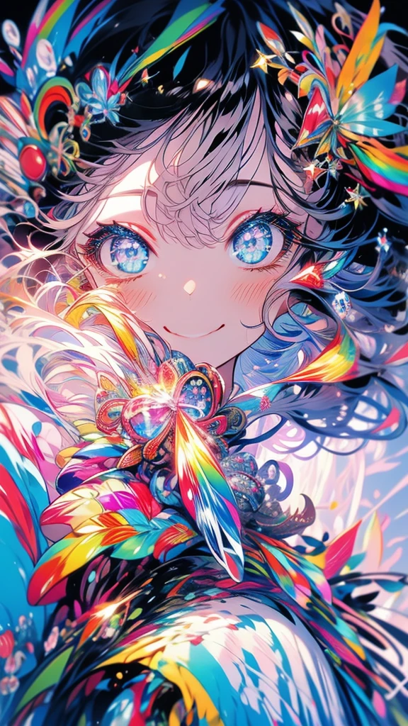 masterpiece、 Rainbow Hair 、Rainbow Eyes、smile、 delicate eyes、Hair tied up、 beautiful hair ornament、kimono、Sparkling