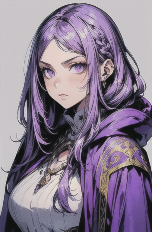 (masterpiece, ultra-detailed, high resolution, best quality:1.2), (anime, simple background, fantasy art, RPG character, concept art), (female, solo, adult female, (portrait), (lavender hair:1.3), long hair, (middle part hair:1.2), [forehead], tall woman), ((purple cloak), (white tight dress), medieval long cloak), (serious)