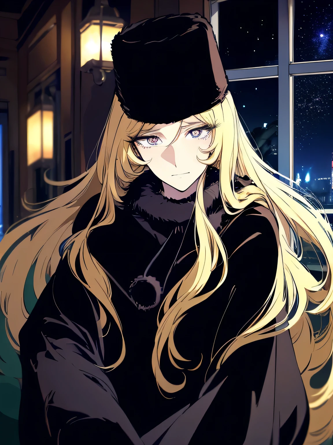 Anime girl with long blonde hair wearing a black hat and black coat ...