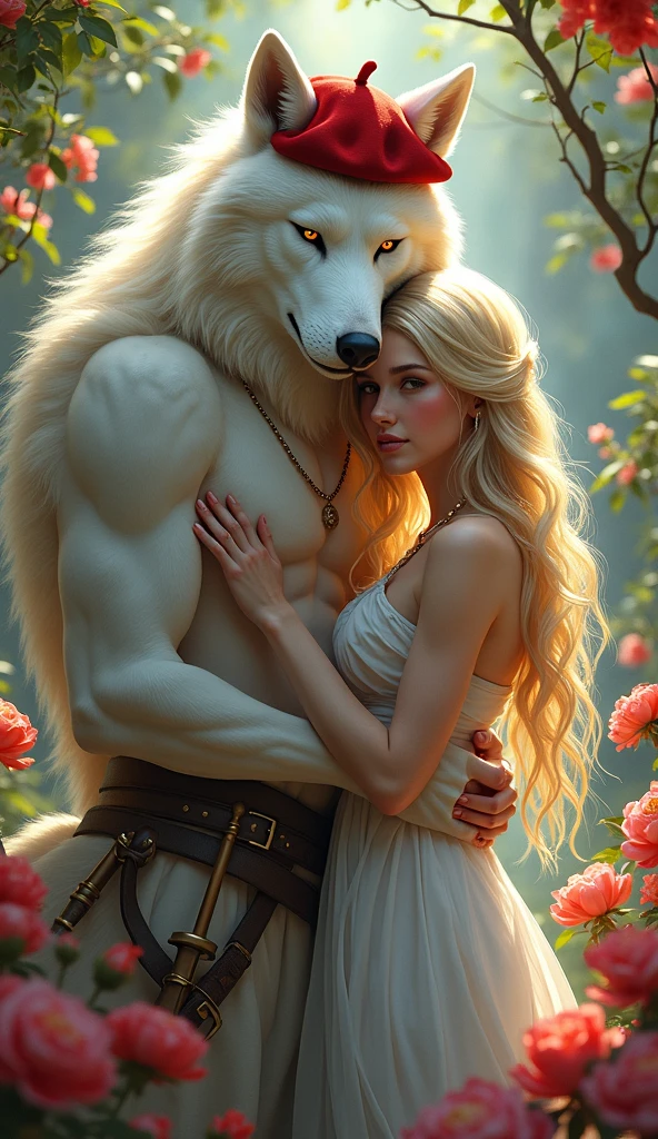 Wolf, a male werewolf holding a beautiful woman with exquisite features under a very romantic anime-inspired background. The scene is rendered in hyperrealism, making every detail extremely prominent (photo realistic: 1.2). His smart, intense eyes lock with hers, a moment of deep connection. The high detail and sharp focus of the image leave no doubt as to the intricacy of their emotions (extremely detailed). His muscles ripple under his fur, contrasting against her delicate skin. Her long, flowing hair cascades down her back, complementing her stunning features. Together, they form a breathtaking tableau in this photo realistic masterpiece. --s2 --auto