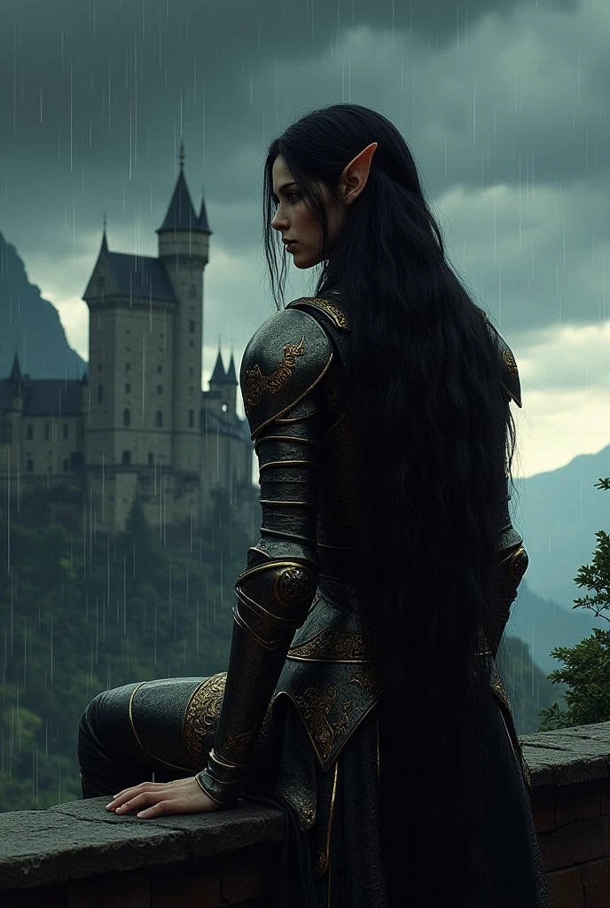 ((masterpiece)) ((photography)) ((Highest quality)) A digital illustration of a female black elf with long, flowing black hair, seated on a balcony under a dark, stormy sky. She wears a metallic armor adorned with intricate golden details, reflecting her strength and elegance. Her serious gaze is fixed on a distant medieval castle, partially shrouded in rain and mist, creating a dramatic and melancholic atmosphere. The raindrops cascade around her, glinting softly against the muted tones of the scene. The artwork is inspired by medieval fantasy, with rich, detailed textures and a balance between realism and fantastical elements.