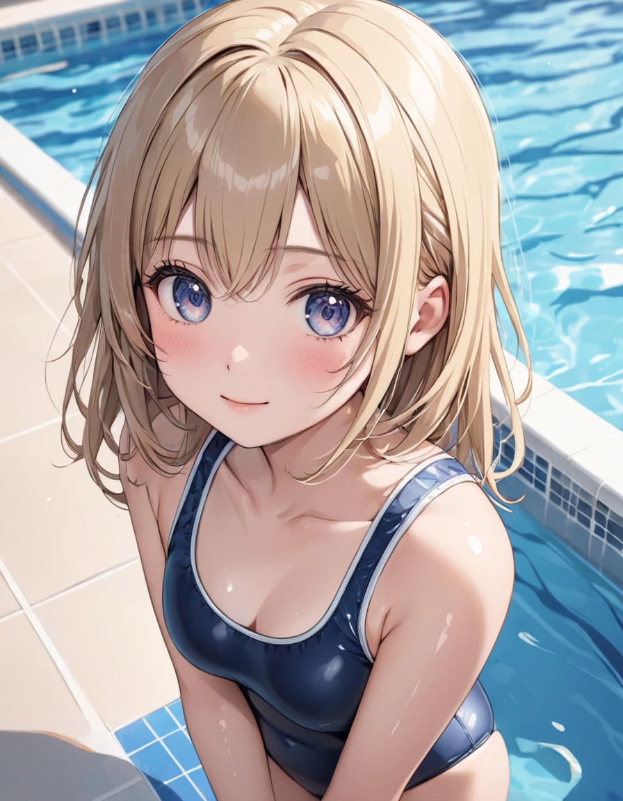 masterpiece, ultra detail, top quality,8k,Illustration, cute face, clean skin , shiny hair, girl, ultra detail-eyes, ,  SCHOOL SWIMSUIT ,Pool