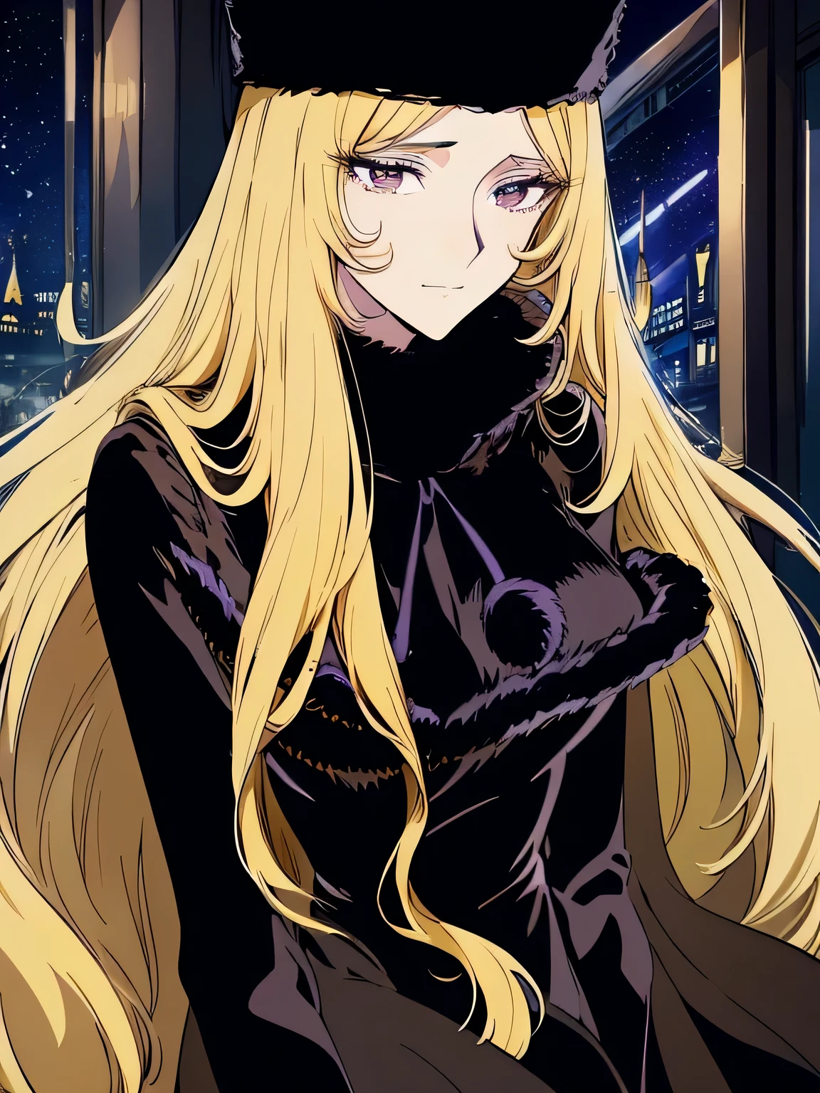 Maetel,  Galaxy Express 999 characters, (Wearing a long black ushanka[Russian hat]),  has long eyelashes,  slightly droopy eyes, kind, long brown eyes, Elegant mouth , and、((( waist-length blonde [ sparkling hemp color ],))),light smile,sad, Fleeting, Melancholic expression, knee-length long-sleeved dress and 、collar、cuff、 and a coat with a cape with fur on the hem,  all unified in black ,
break,
(  windows shining with yellow light all over , Lots of beautiful stars ,Stardust),
Sitting seat,in the locomotive ,( incredibly absurdre,highly Detailed Faces, Fine skin texture , Detailed Students,  high definition ), ( Thin Waist :1.1),((masterpiece)), (Realistic Anime), ( high definition ,  top quality,  super detailed,perfect anatomy )