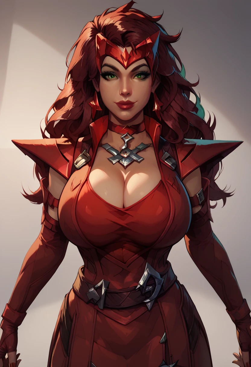 score_9, score_8_up, score_7_up, ScaMarvals, slight smile, green eyes, red nails, (huge breasts:1.2), cleavage, standing, (straight on:1.2), cowboy shot, facing forward, 1girl, solo, long hair, green eyes,looking at viewer, standing, red hair, brown hair, shoulder armor, belt, sleeveless dress, fingerless gloves, choker, simple background,
