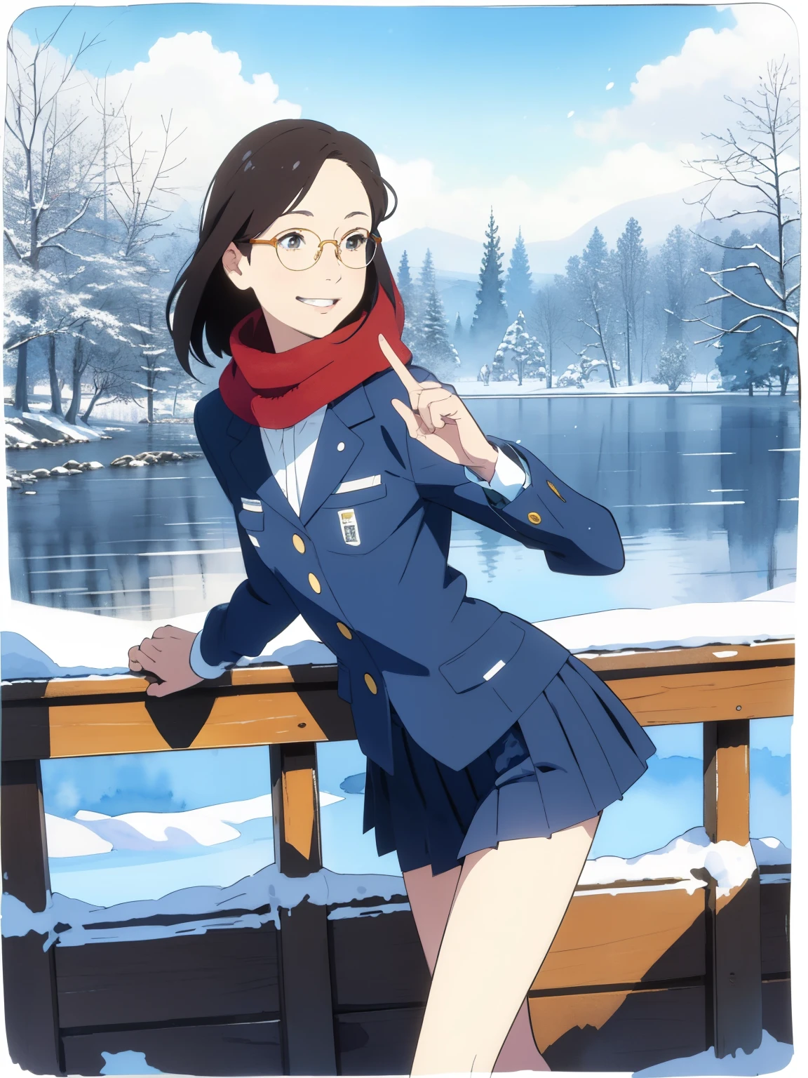 ( super flat， flat shading to bring panties to the side)， young girl，baby face，  very short， toddler figure ， Very Small Flat Chest，    my chest is so flat and bulging， very thin limbs， thin thighs ，Short legs，long sleeve uniform:1.2，Name tag on chest， short pleated skirt standing on a chair， warm scarf，On my way home from the riverside in winter ，Snow Scene，Pee stains:1.2，Glasses，smile， I'm a little shy ，Winter blue sky， bright ， low angle， bright    色，watercolor，Ghibli style，personal々  accurate and detailed seduction of a woman's fingers    ，