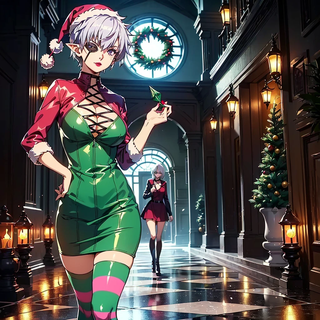 (1girl, Alone, alone), (najenda, short hair, (eye patch, purple eyes:1.3), grey hair, eyepatch, eye patch, single mechanical arm, Silver Hair,Short Hair, lilac eyes), ((Alone, (1woman,pink lipstick ), extremely detailed , Soft ambient lighting, 4K, perfect eyes, a perfect face, Perfect Lighting, the 1 girl)), ((fitness, , shapely body, athletic body, toned body)) ,  ((elf costume, santa elf, christmas elf outfit, green outfit, red outfit, felt, jingle bells, green dress green and red dress, striped socks, red and white socks, high heels, christmas hat, lining, christmas decoration, christmas trees, flowers, gifts, garlands, window, night, smug, marble floor, red lipstick, smug))