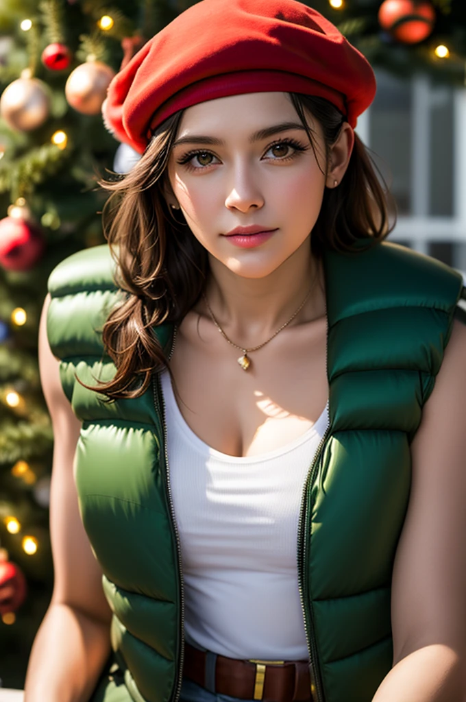 Solo, realistic, detailed, masterpiece, sexy face, sitting, WAIST, half body, perfect face, perfect body, Green vest, red hat Christmas, gloves, Brown hair, Brown eyes, look at viewer, sexy body, vest, military necklace, beautiful, Christmas, Christmas tree 