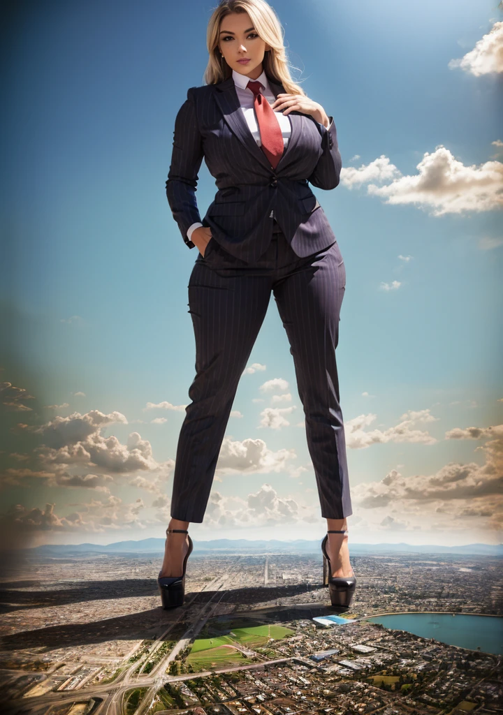 massive 100 miles tall giantess A sophisticated and stylish woman in a grey pinstriped suit trousers and blazer, white shirt tucked neatly in trousers, and a 10cm wide necktie in a windsor knot, with a beautiful, curvaceous figure, massive breasts, and long blonde hair, with a curvaceous figure and massive breasts. wearing red rounded platform high heels with uncovered feet and standing, rampage-like pose, with a cityscape background of mega-city, urban sprawl, and small towns, partially obscured by a hazy, cloudy atmosphere. The image is a high-resolution, masterpiece-quality, cinematic, ultra-detailed, and hyper-photorealistic photograph, with perfect hands, face, and lighting. ultra-detailed, 8K, photo-realistic, hyper-realistic, masterpiece, intricate details, full body view. Looking at camera, The image is a high-resolution, masterpiece-quality, cinematic, ultra-detailed, and hyper-photorealistic photograph, with perfect hands, face, and lighting. ultra-detailed, 8K, photo-realistic, hyper-realistic, masterpiece, intricate details, full body view