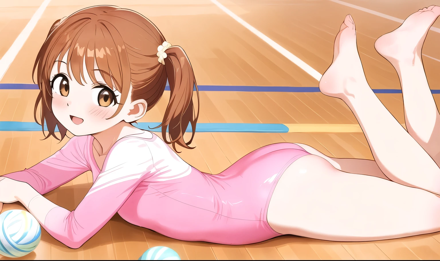 a cartoon character is sitting on a mat, next to volleyball balls, 1girl, athletic leotard, ball, pink leotard, solo, gymnastics, leotard, brown hair, twintails, on stomach, lying, wooden floor, brown eyes, smile, looking at viewer, open mouth, barefoot, blush