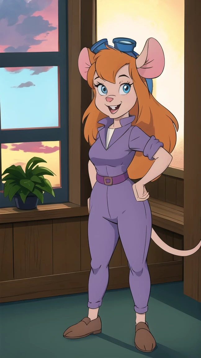 (((full body photo))) CARTOON_gadget_hackwrench_ownwaifu,
1girl, furry female, long hair, orange hair, blue eyes, bangs, sidelocks, buck teeth, animal ears, mouse ears, animal nose, mouse tail, body fur, tail, goggles, goggles on head, eyewear on head, breasts, medium breasts, 
cleavage,  jumpsuit, purple dress, collared shirt, short sleeves, sleeves rolled up, belt, pants, 
((masterpiece)),((best quality)),(highres, absurdres), original, official_art, chromatic_aberration, bokeh, depth_of_field, skyline, cloudy_sky, sunset, indoors, window_shade, potted_plant, focused, looking at viewer, solo, cowboy shot, hands on hips, thick curves