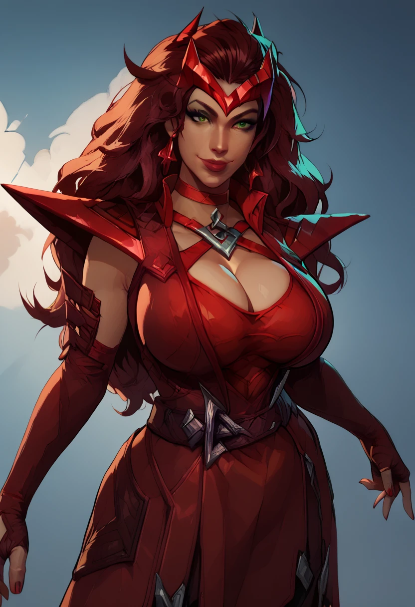 score_9, score_8_up, score_7_up, ScaMarvals, slight smile, green eyes, red nails, (huge breasts:1.2), cleavage, standing, (straight on:1.2), cowboy shot, facing forward, 1girl, solo, long hair, green eyes,looking at viewer, standing, red hair, brown hair, shoulder armor, belt, sleeveless dress, fingerless gloves, choker, simple background,
