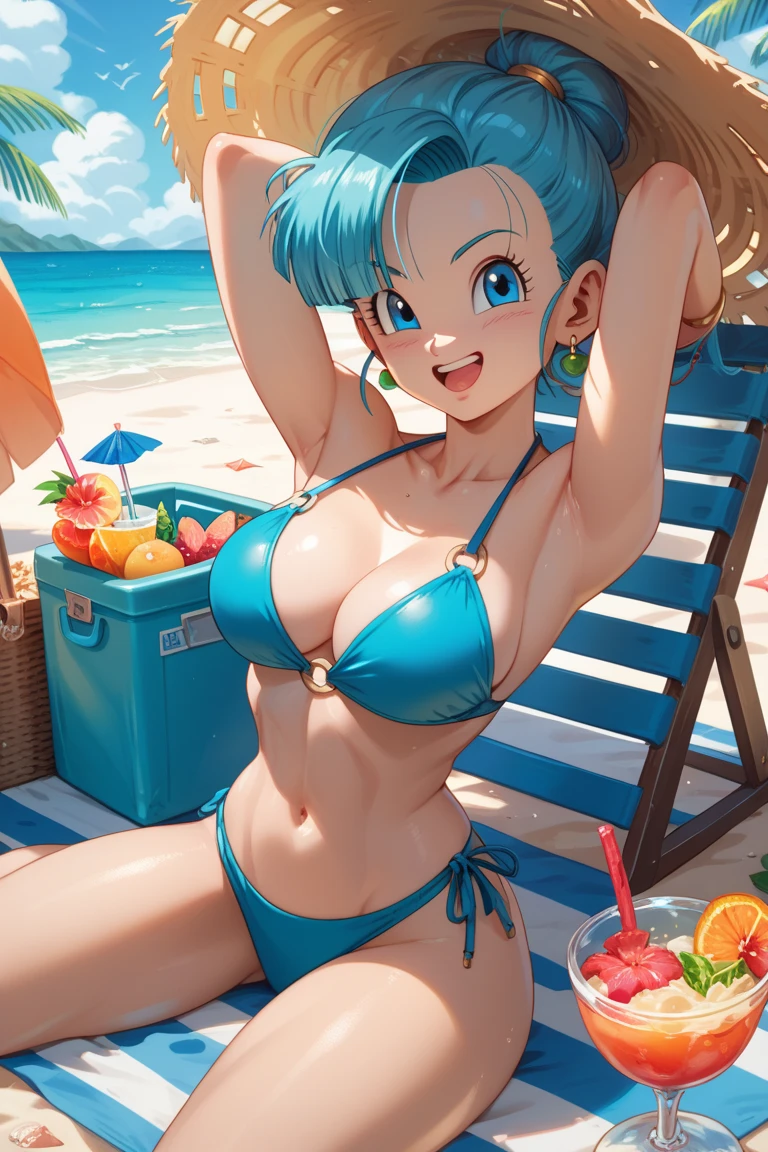 ((nsfw)), ((extremely detailed CG unity 4k wallpaper)),(masterpiece),(ultra quality),(ultra-detailed),(best illustration),(best shadow),(Extremely Detailed),(absurdres),(detailed background), Bulma, 1girl, solo, blue hair, blue eyes, jewelry, earrings, eyewear on head, sunglasses, lipstick, makeup, short hair, tree, tropical drink, bulma, drinking straw, flower, palm tree, drink, chair, food, necklace, smile, cup, fruit