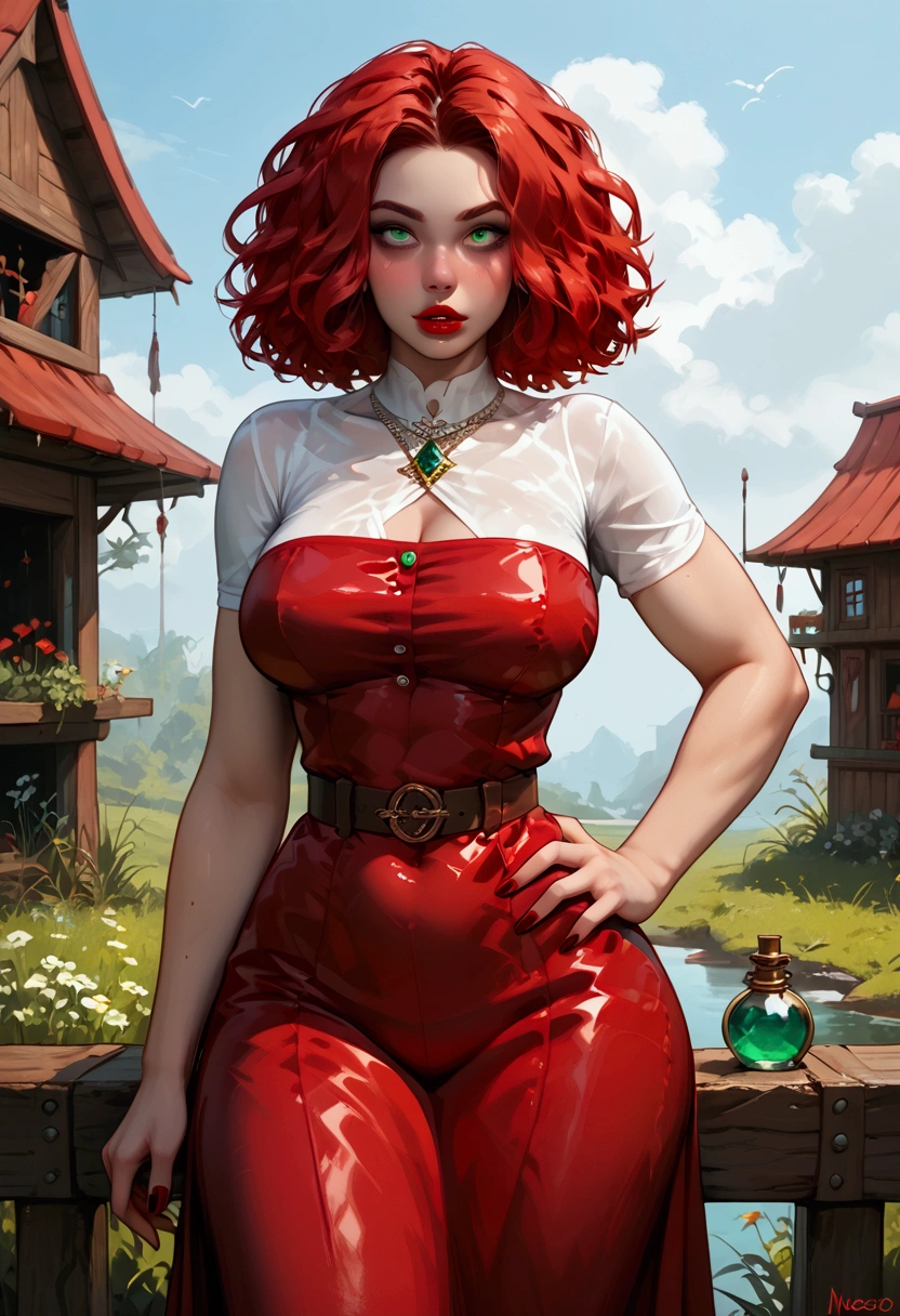 (1woman) (solo) [woman; skin: (pale, smooth, flawless, showing signs of neoteny), face: (symmetrical, juvenile, plump luscious red lips, perfect white teeth), hair: (absurdly long, raven black), eyes: (crimson red, vacant stare), body: (curvy, hourglass figure, abs, wide hips, big round butt), breasts: (huge, massive, bigger than her head.), wearing: (long red silk dress, showing cleavage, brown leather belt, green gem clasp belt), pose: (bitting bottom lip, hip cocked, grabbing hip, hair obscuring half of face.)