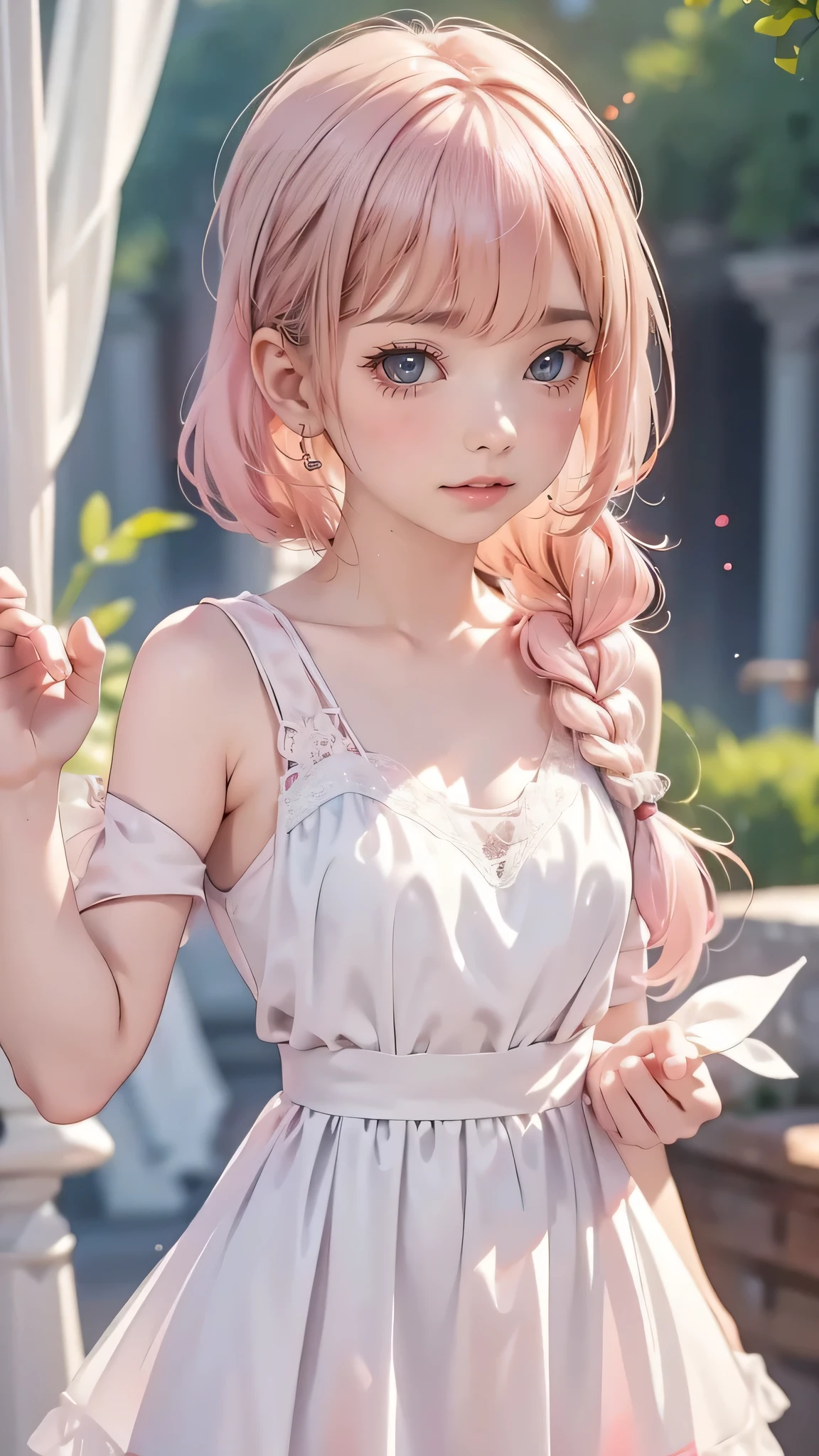 (((blurred background、Light colored watercolor style background)))、one girl、１６talent、anatomy、small face、small、small鼻、pale pink eyes、Loosely braided low ponytail、light pink hair、small breasts、black dress open neck dress、sheer lace dress、See-through feeling、random pose、highest quality、High resolution、High resolution、cinematic lighting、professional photographer