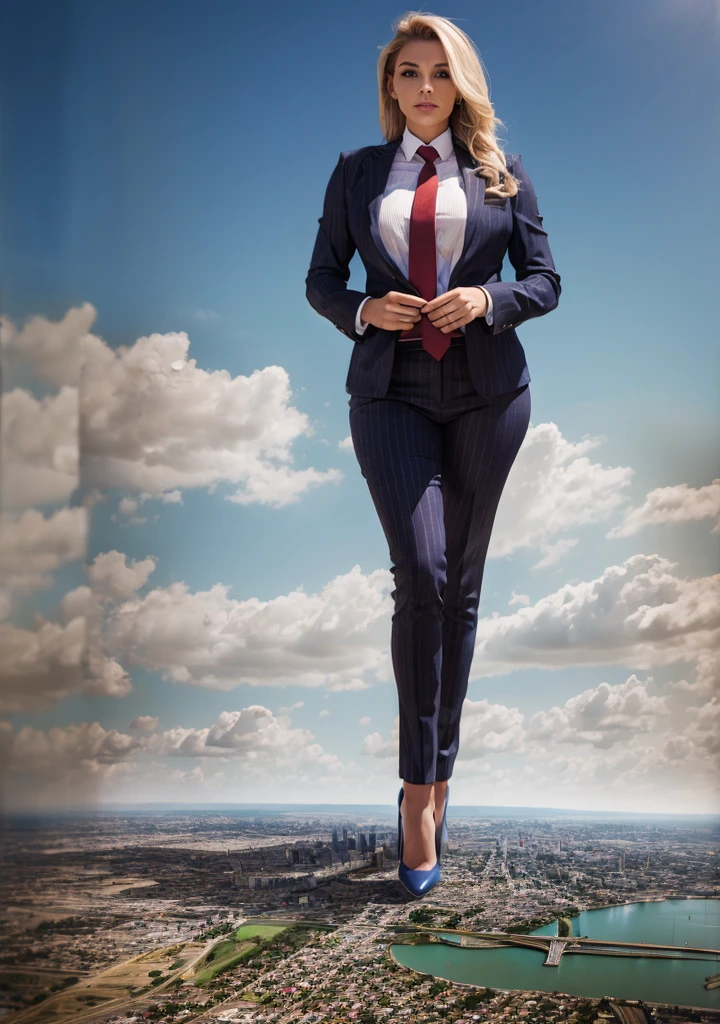 massive 100 miles tall giantess A sophisticated and stylish woman in a grey pinstriped suit trousers and blazer, white shirt tucked neatly in trousers, and a 10cm wide necktie in a windsor knot, with a beautiful, curvaceous figure, massive breasts, and long blonde hair, with a curvaceous figure and massive breasts. wearing red rounded court shoes high heels with uncovered feet and standing, rampage-like pose, with a cityscape background of mega-city, urban sprawl, and small towns, partially obscured by a hazy, cloudy atmosphere. The image is a high-resolution, masterpiece-quality, cinematic, ultra-detailed, and hyper-photorealistic photograph, with perfect hands, face, and lighting. ultra-detailed, 8K, photo-realistic, hyper-realistic, masterpiece, intricate details, full body view. Looking at camera, The image is a high-resolution, masterpiece-quality, cinematic, ultra-detailed, and hyper-photorealistic photograph, with perfect hands, face, and lighting. ultra-detailed, 8K, photo-realistic, hyper-realistic, masterpiece, intricate details, full body view