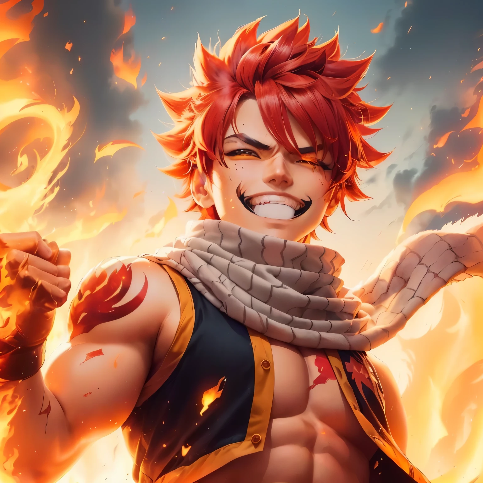 masterpiece, best quality red eyes, game cg, 2boys men, (naked:1.2) rugged face, duo, male focus, looking at viewer, upper body, Natsu Dragneel natsu_dragneel, pink hair, red eyes, (shirtless naked), toned muscle, pectorals, 8 abs, toned legs, naked, slightly bulged, (embers:1.5) and ember (particle effects:1.5), detailed, dynamic lighting, well lit, (embers on skin:1.2), (skin burning:1.2), (eyes on fire:1.2), ( penis and scrotum), ((view from far distance)) ((((white ))scarf))