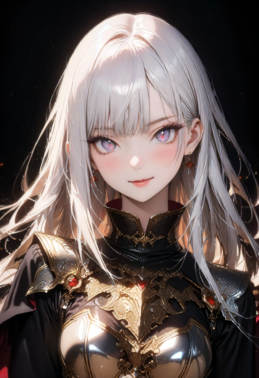 1girl, (Portrait of a beautiful Vampire, dark fantasy), (brave Knight, wearing metal armor), detailed beautiful face, (finely detailed beautiful eyes), (blush:1.2, smile), (long straight hair, shiny silver hair, bangs), elegant, gorgeous, stunning, BREAK, elegant, gorgeous, stunning, delicate features, ((black background:1.5)), BREAK, ((upper body:1.3)), portrait photography, (close up of face:1.3, detailed depiction of the face:1.3, from front, looking at viewer:1.3, face focus), broad lighting, cinematic composition, absurdres, highres, masterpiece, best quality, newest, very aesthetic, ultra quality, high detailed, anatomically correct, perfect hands, (anime art style),