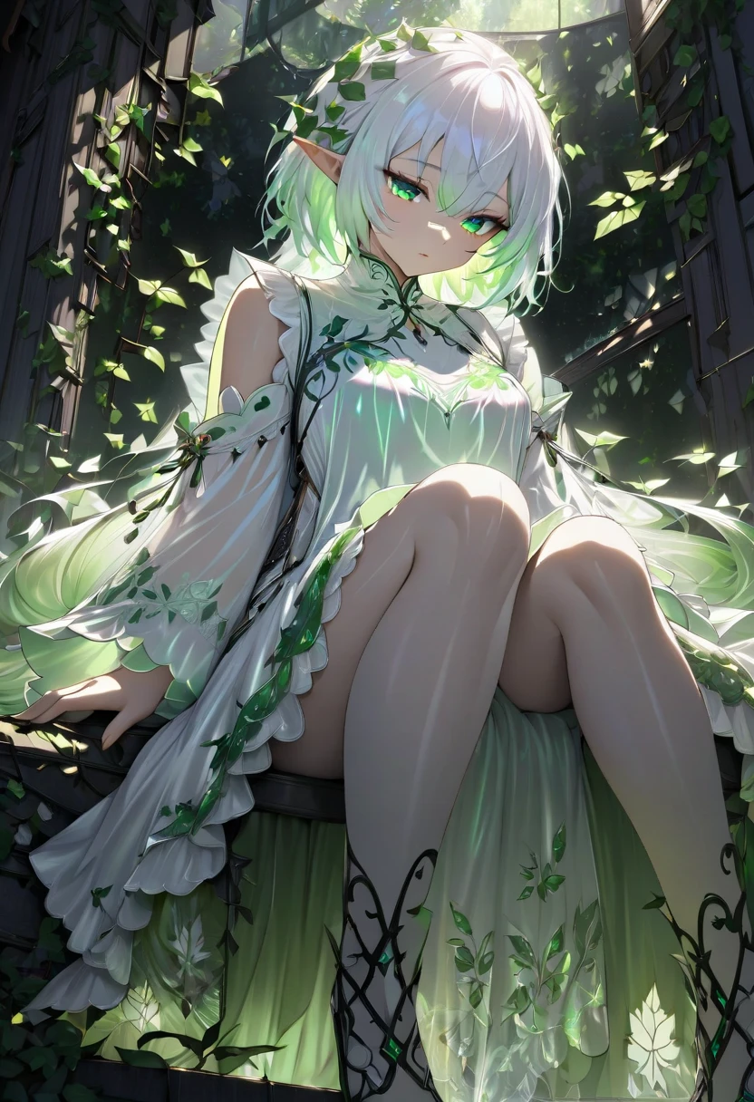 from below,  an elf with a cool beauty ,  sitting,  look down,  with iridescent pure white shiny silky short disheveled hair , Butchoukami , Romantic and obscene expression , Green,  charming eyes, An unrivaled figure, Embroidered transparent white satin wearing a loose, fluffy fairy dress,  fresh green vine and ivy ,  An all-black cyborg  , Effective effects ,  bold and dynamic ,  contrast between light and shadow , 2.5D,  artistic photo ,  surrenders,  super detailed, Exquisite Resolution , masterpiece