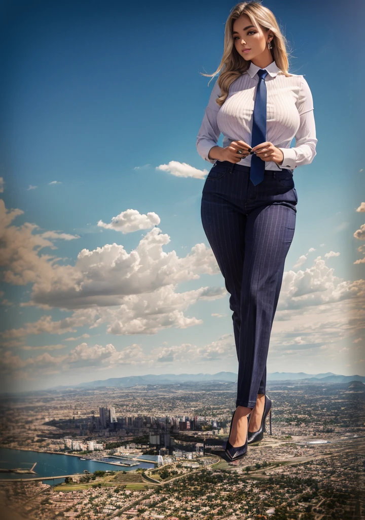 massive 100 miles tall giantess A sophisticated and stylish woman in a light grey italian pinstriped suit trousers and blazer, white shirt tucked neatly in trousers, and a 10cm wide blue necktie in a windsor knot, with a beautiful, curvaceous figure, massive breasts, and long blonde hair, with a curvaceous figure and massive breasts. wearing red rounded court shoes high heels with uncovered feet and standing, rampage-like pose, with a cityscape background of mega-city, urban sprawl, and small towns, partially obscured by a hazy, cloudy atmosphere. The image is a high-resolution, masterpiece-quality, cinematic, ultra-detailed, and hyper-photorealistic photograph, with perfect hands, face, and lighting. ultra-detailed, 8K, photo-realistic, hyper-realistic, masterpiece, intricate details, full body view. Looking at camera, The image is a high-resolution, masterpiece-quality, cinematic, ultra-detailed, and hyper-photorealistic photograph, with perfect hands, face, and lighting. ultra-detailed, 8K, photo-realistic, hyper-realistic, masterpiece, intricate details, full body view