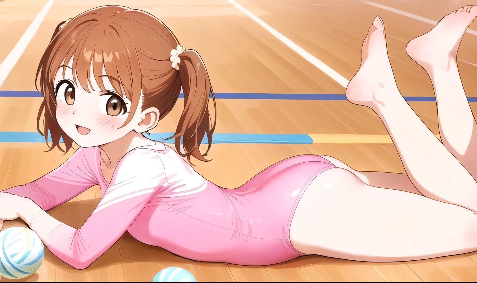 a cartoon character is sitting on a mat, next to volleyball balls, 1girl, athletic leotard, ball, pink leotard, solo, gymnastics, leotard, brown hair, twintails, on stomach, lying, wooden floor, brown eyes, smile, looking at viewer, open mouth, barefoot, blush