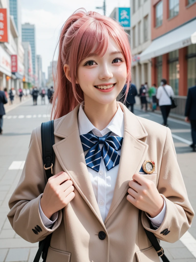 8k, real, realistic , Japanese, cute girl,Cute idol, high school girl, blazer,pea coat, and a surprised smile,Uniform Dating ,A ponytail that is not unnatural, bright pink hair color, red with inner color ,congestion,City.