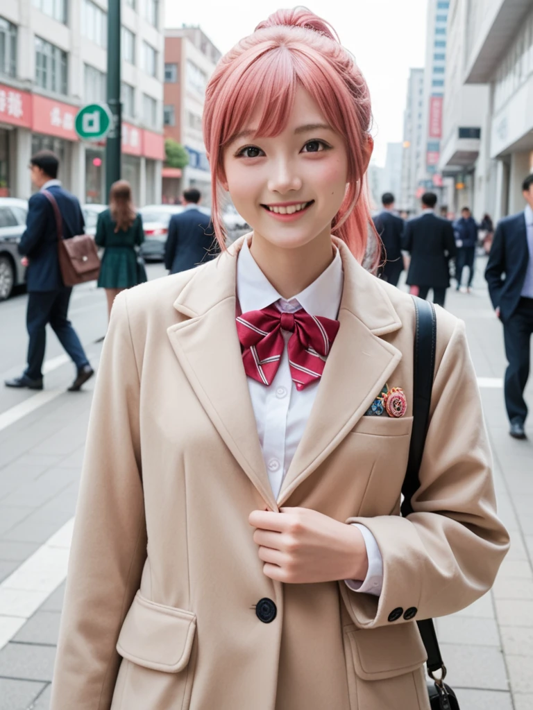 8k, real, realistic , Japanese, cute girl,Cute idol, high school girl, blazer,pea coat, and a surprised smile,Uniform Dating ,A ponytail that is not unnatural, bright pink hair color, red with inner color ,congestion,City.