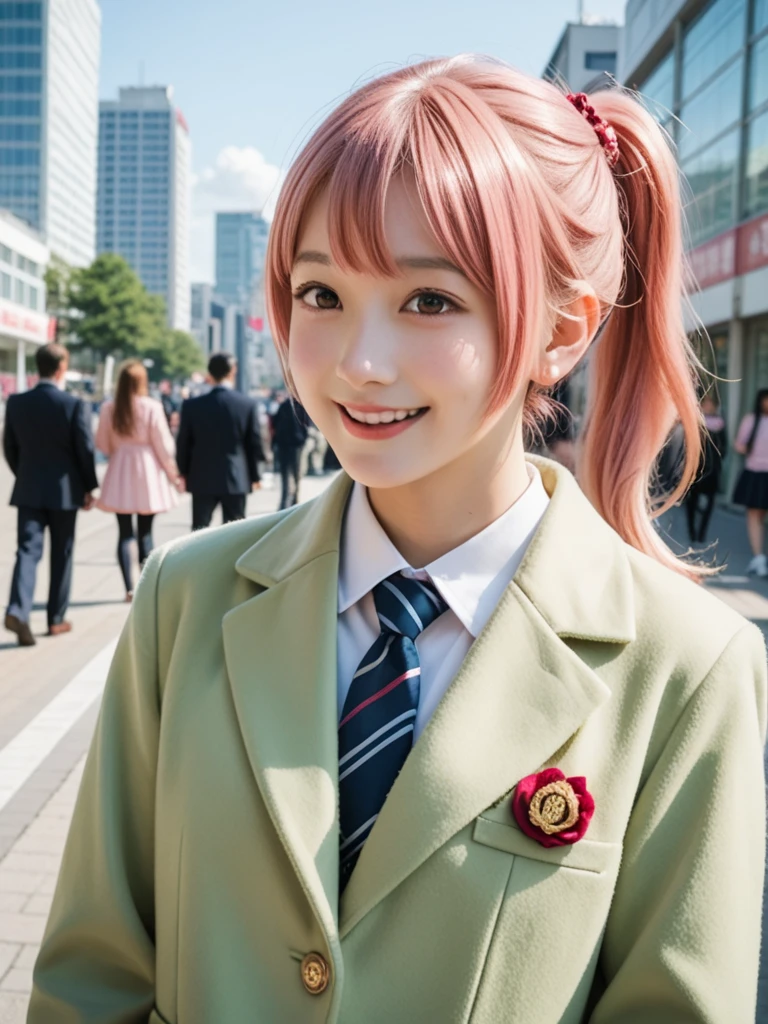 8k, real, realistic , Japanese, cute girl,Cute idol, high school girl, blazer,pea coat, and a surprised smile,Uniform Dating ,A ponytail that is not unnatural, bright pink hair color, red with inner color ,congestion,City.