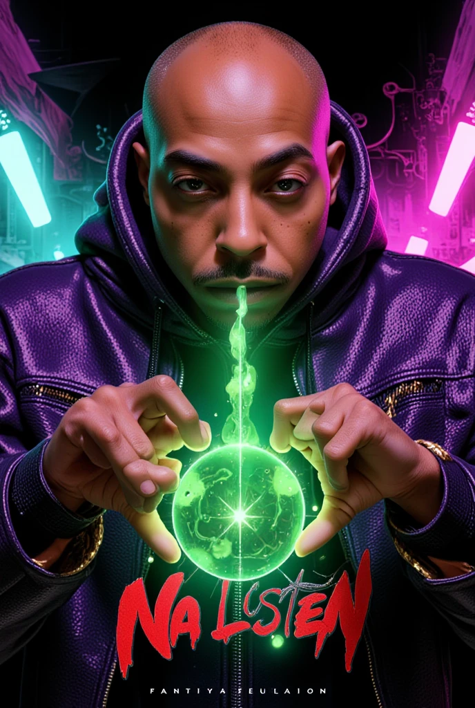  A Hip Hop Album Cover Art of A cinematic shot of a bald-headed urban wizard with a muscular build are 25 caramel brown skin tone ::5.1 . He is wearing a wizard robe and a Luxury fashion monogram with the colors red and purple. The text "NA LISTEN"::5.6 is displayed on the robe. The wizard is casting a spell and has a stoic expression. The background is dark. green neon energy power emanating from hands vibrant contrasting cityscape background. palette of purples, greens and reds to evoke a sinister yet retro feel. In the background, show a gritty urban scene. The a man should be in a dynamic pose, embodying his unpredictable and dangerous personality. Add classic comic book elements like a bo