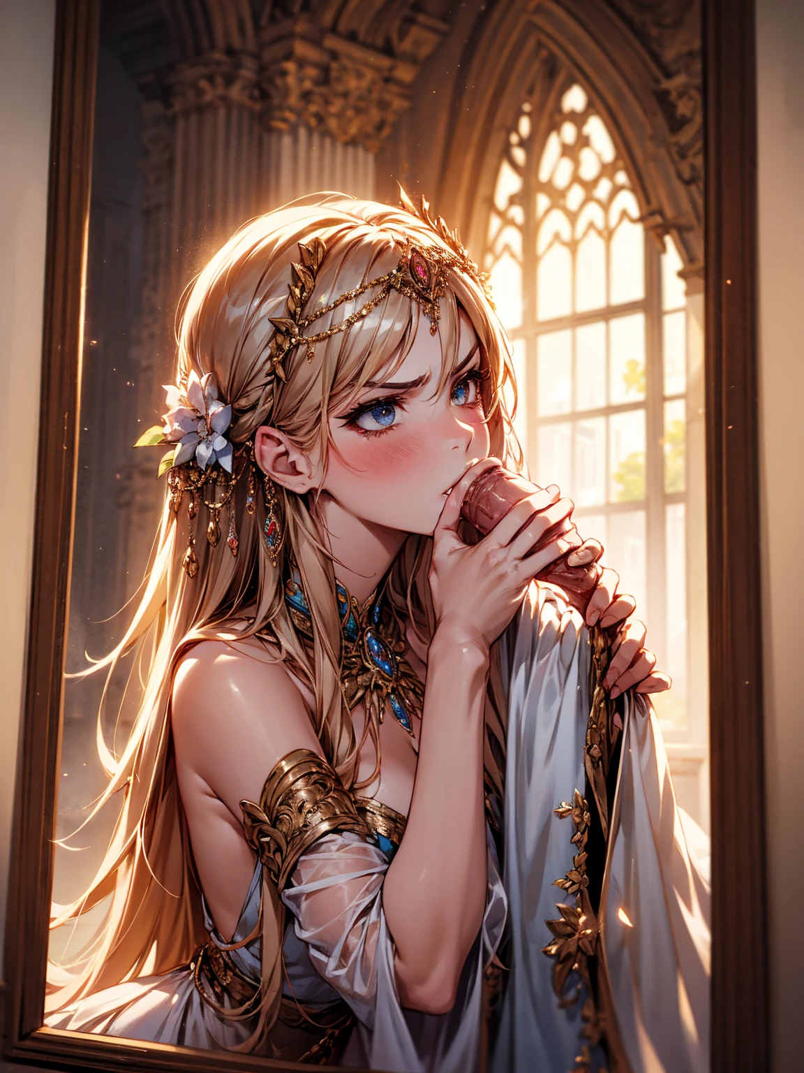 (best quality,ultra-detailed) A goddess with (detailed eyes and face), featuring (beautiful detailed lips) and (flowing hair) stands in a (ethereal atmosphere). Her (divine beauty) is enhanced by the use of (vivid colors) and (soft lighting). This masterpiece captures the essence of a (portrait) as it exudes the utmost (quality) and (detail), showcasing the intricate elements of the goddess's features. The (ultra-detailed) rendering brings out every subtle nuance, from the delicately painted skin to the meticulously crafted hair strands.
Break in horror dark cave, Break kneeling, ((doing fellatio:1.2)), opening mouth, ((kissing penis:1.2)), BREAK mirror, in front of mirror, reflect on mirror, BREAK full face blush, embarrassed, ((defiant look:1.4)), ((tearing:1.4)), bit lips, blush, BREAK steam, tremble, BREAK from side view,