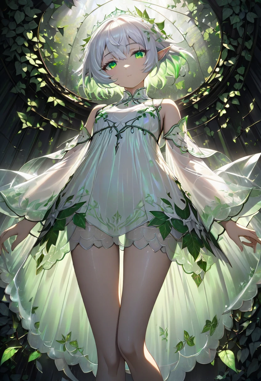 from below,  an elf with a cool beauty ,  look down,  with iridescent pure white shiny silky short disheveled hair , Butchoukami , Romantic and obscene expression , Green,  charming eyes,  thin, flat, and slender body line ,  wearing an embroidered transparent white satin fluffy fairy dress,  fresh green vine and ivy ,  An all-black cyborg  , Effective effects ,  bold and dynamic ,  contrast between light and shadow , 2.5D,  artistic photo ,  surrenders,  super detailed, Exquisite Resolution , masterpiece