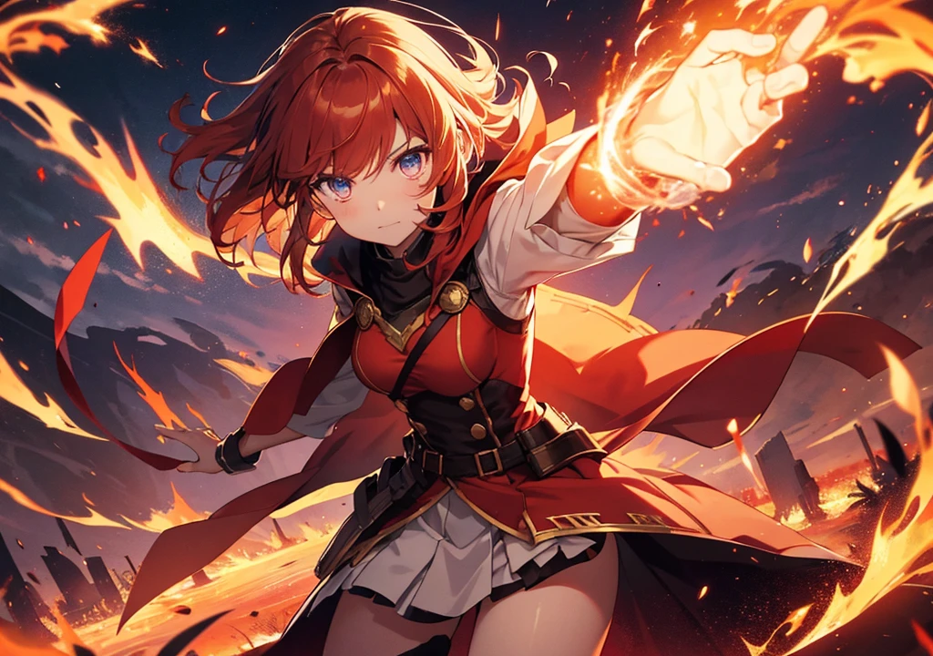 Cute young fire magic girl fighting alongside an elf. His fire against a monster is defeating it despite its gigantism. panorama, anime